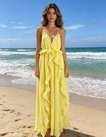Robe longue décontractée sans manches en mousseline de soie jaune, en acétate et polyamide, col en V profond, à volants, style vacances en bord de mer, inspirée du vent doux français