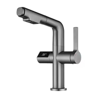 Robinet de cuisine et de salle de bain gris à tirette avec affichage numérique LED, rotatif à 360 degrés, mitigeur pour lavabo