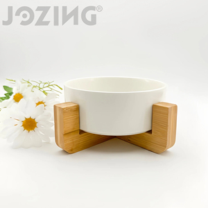 Bol surélevé pour animaux de compagnie en céramique de qualité supérieure avec support en bambou - Plat moderne pour nourriture et eau pour chats et petits chiens, logo personnalisable - Product Image 3