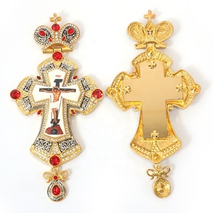 Lussuoso Ciondolo Ortodosso Greco Placcato Oro in Lega, Croce Pettorale Russa in Metallo Antracite con Icona di Gesù, Collana per Sacerdote - Product Image 3