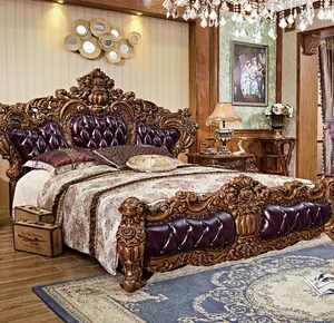 Деревянная кровать в европейском Королевском Стиле, украшенная роскошными и изысканными деревянными ребрами и кожей