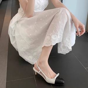 Sandales à talons aiguilles fermées en cuir véritable style luxe pour femmes été 2025, couleur contrastée, dos nu, style français - Product Image 4