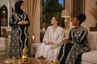 Abaya en polyester YSYL ODM avec broderie élégante, accents de pompons et manches bouffantes, idéale pour les célébrations de l'Aïd et les fêtes