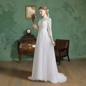 Lungo mezza manica a-line ragazze in pizzo elegante bianco semplice o-collo abito da <span class=keywords><strong>sposa</strong></span> civile abito da <span class=keywords><strong>sposa</strong></span> per le donne <span class=keywords><strong>sposa</strong></span> - Product Image 1
