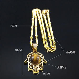 Collier pendentif vintage en acier inoxydable avec pierre œil de tigre, bijou spirituel, <span class=keywords><strong>protection</strong></span>, méditation, Hamsa, œil maléfique, paume - Product Image 4