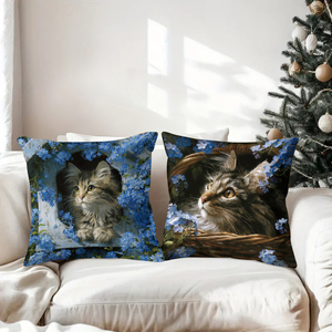 Bantal hias liburan yang nyaman dengan motif kucing lucu di bunga-bunga biru menghiasi sofa ruang tamu, dekorasi Natal yang meriah. - Product Image 3