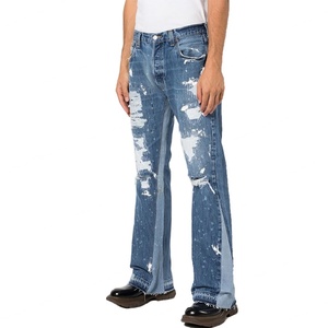 Vaqueros de mezclilla azules de moda para hombre, corte bootcut, desgastados, con parches y salpicaduras de pintura, rasgados y acampanados - Product Image 4