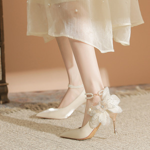 Zapatos de Tacón Alto para Mujer, con Cadena de Perlas, Flores, Satén, Tacón de Aguja, Punta Puntiaguda, Correa en el Tobillo, Zapatos de Novia - Product Image 2