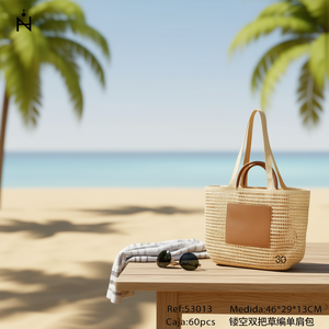 Borsa a tracolla in paglia traforata con doppio manico 46x29x13cm Colore naturale Borsa estiva - Product Image 3