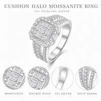 Bague géométrique en argent sterling plaqué rhodium avec moissanite D-color taille émeraude et sertissage pavé, style luxe léger, par Heavy Industries