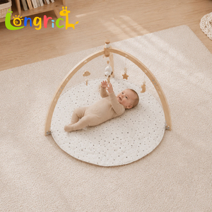 Ginnastica in legno per neonati con tappetino gioco e giocattoli pendenti per 0-12 mesi, colore naturale, forme geometriche educative - Product Image 4