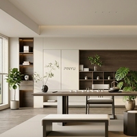 Armoire de chambre murale complète en panneaux plats symétriques encastrés, avec rangement pour service à thé et grille de rangement décorative, couleur crème