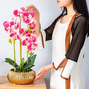Orquídea falsa em vaso branco, flores artificiais em vaso com folhas para decoração de mesa, hotel, escritório