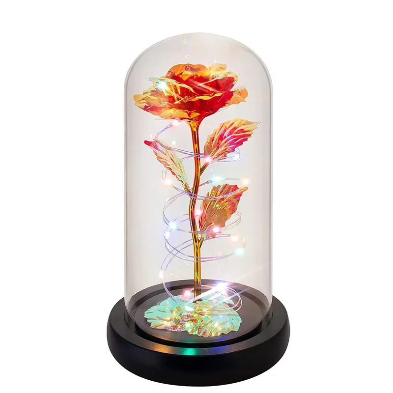 Hochwertige neue Beauty Beast Belle LED künstliche 24 Karat Gold Rose Blume Geschenk box Galaxy Ewige konservierte Rosen in Glaskuppel