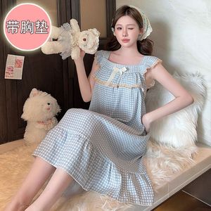 Plaid Casual abito largo pigiama <span class=keywords><strong>donna</strong></span> estate <span class=keywords><strong>cotone</strong></span> dolce pizzo pigiama collo quadrato camicia da notte <span class=keywords><strong>vestiti</strong></span> per la casa - Product Image 3