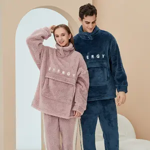100% полиэстер Fuzzy подстежка на искусственном меху, флисовая одежда для сна, штаны комплект одежды из 2 предметов для мужчин Женская пижама с коротким рукавом и набор зимняя Пижама; Одежда для сна