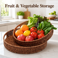 Groothandel ronde handgeweven PP rotan mand met handvat decoratieve plastic opbergbak voor huisorganisatie fruit en voedsel