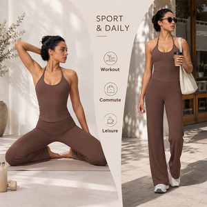 Conjunto Deportivo para Mujer, Top Halter Suave con Cuello Cruzado, Pantalones Anchos de Cintura Alta, Corte Ajustado, 2 Piezas, Ropa Deportiva para Yoga, Gimnasio, Running - Product Image 1