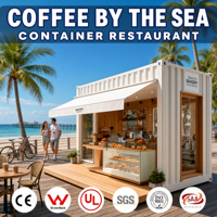 Bar conteneur avec espace de restauration sur le pont et éclairage sous le comptoir, sections modulaires complémentaires, stand de boissons pour festival