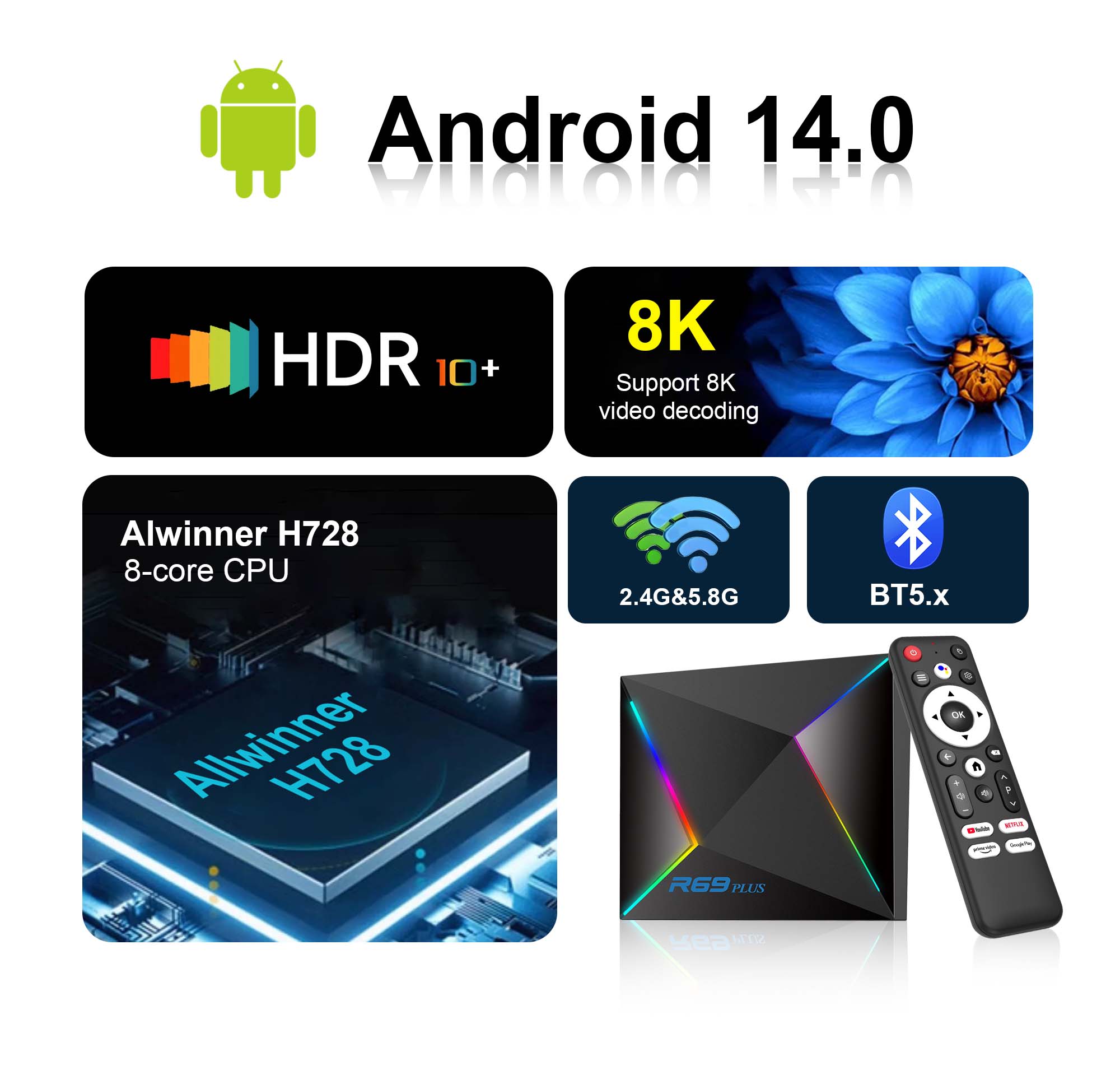 プログラミングAndroid 2025 Hot Allwinner H728 Chip Mortal T9 Smart TV Box Android 14