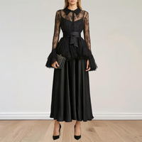 Robes maxi pour femmes de style tendance pour les fêtes, robe longue élégante en dentelle noire unie à manches cloche, vente en gros de haute qualité, Vestidos