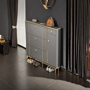 Mobiletto Portascarpe Sottile Scanalato per Ingresso, Bianco Crema, con Cassetti Ribaltabili, Organizzatore Salvaspazio per Corridoio con Dettagli Dorati - Product Image 2