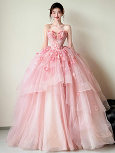 Vestido de noche de tul rosa, sin tirantes, largo hasta el suelo, vestido de fiesta con apliques florales, vestido formal para fiesta de boda - Product Image 5