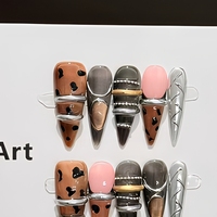 Faux ongles à presser faits main C714, forme amande, à coller, imprimé léopard rose gris métallisé, style européen pour femmes