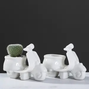 Custom Housewarming Gift Small White Glazed Motorcycle Type Ceramic Flower Pot Plant Succulent Cactus Pot