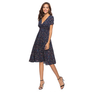 <b>Women</b> <b>Vintage</b> Floral Print Chiffon V-Neck Short Sleeve A-Line Knee-Length <b>Dress</b> Casual Autumn Loose Breathable Nonwoven Fabric - Product Image 1