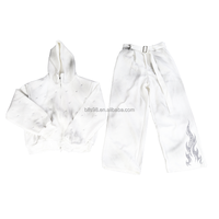 Conjunto de Sudadera con Capucha para Hombre, Estampado, Felpa Francesa, Informal, para Otoño, Blanco y Gris con Patrón de Llamas Plateadas