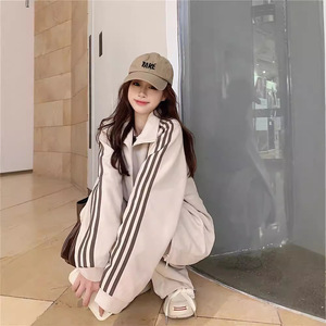 Women <b>Tracksuit</b> Set Apricot Gray <b>Polyester</b> Breathable Casual Sportswear Two Piece Loose Fit Spring Autumn Korean Style - Product Image 2