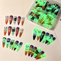 Faux ongles lumineux d'Halloween à presser, boîte de 4 compartiments, imprimés en 3D, longs stilettos, qui brillent dans le noir, motifs citrouille, araignée, fantôme