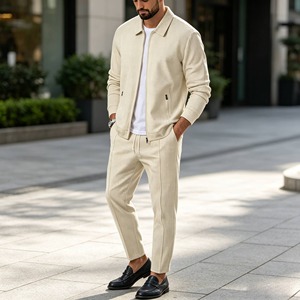 Conjunto Casual para <span class=keywords><strong>Hombre</strong></span> Waffle, Chaqueta con Cuello Solapa, Corte Entallado, con Bolsillos, Manga Larga, Cierre de Cremallera, Pantalones, Conjunto de Dos Piezas - Product Image 1