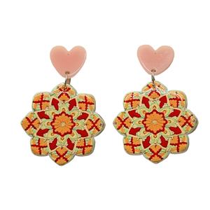 Orecchini Dipinti a Forma di Cuore con Design Floreale Rosso Arancione, Orecchini Pendenti, Gioielli alla Moda, 12 Pezzi - Product Image 1