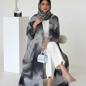 Leduo Customized Stone Print Open Pashmina Abaya with <b>Matching</b> Hijab for Women – Modest Loose Fit Kaftan for Daily Eid Wear - Product Image 1