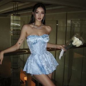 Corset bleu sans bretelles, jacquard floral, <span class=keywords><strong>bustier</strong></span> de <span class=keywords><strong>princesse</strong></span>, <span class=keywords><strong>robe</strong></span> courte mini pour femmes - Product Image 1