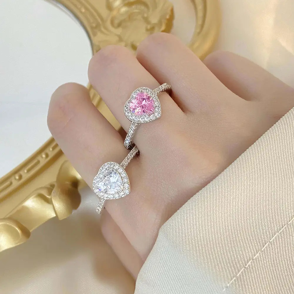 Brand New Design Fashion Jewelry Ring Dainty Argent plaqué Couleur Zircon Rose Coeur Anneaux Bijoux Femmes