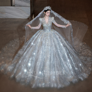 Abito da ballo di lusso abiti da sposa con paillettes applique in pizzo con volant diamanti abiti da sposa <span class=keywords><strong>Vestina</strong></span> De Novia Lsht083 - Product Image 3