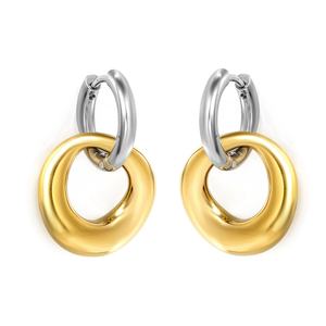 Boucles d'oreilles créoles doubles en acier inoxydable plaqué or 18 carats PVD, polies et creuses, pour femmes et jeunes filles, idéales pour les soirées - Product Image 1
