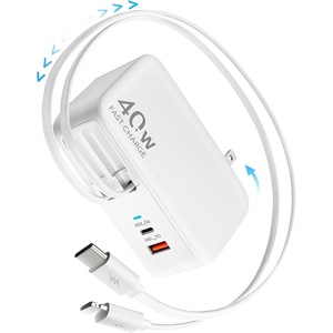 Chargeur au nitrure de gallium 40W avec câbles rétractables doubles, charge rapide PD, ports USB-A/USB-C trois-en-un, compatible voyage - Product Image 1