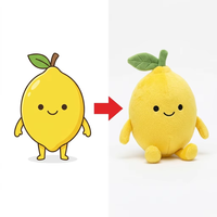 Peluche personnalisée Citron Jaune avec feuille verte, tige et petits membres courts, visage souriant brodé, mascotte décorative fruit anthropomorphe