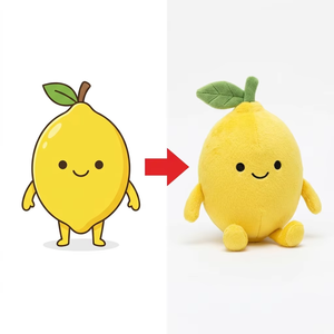 Peluche Personalizzato <span class=keywords><strong>Limone</strong></span> Giallo con Foglia Verde, Stelo e Piccoli Braccioli, Faccia Sorridente Ricamata, Mascotte Decorativa a Forma di Frutto Antropomorfo - Product Image 1