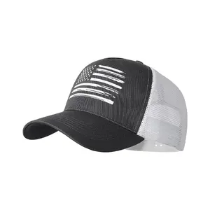 Topi jala poliester 6 panel kualitas baik topi logo tambalan kustom bersirkulasi topi trucker untuk pria