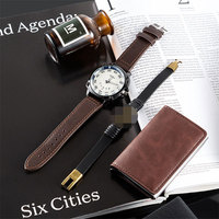 Fashion jam tangan kulit pria, Set hadiah mewah, dompet kulit, jam tangan Quartz, Set gelang