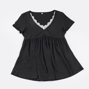 Y2K Sweet Spicy Lace Trim V-Neck T-<b>Shirt</b> Black A-Line Peplum Top Empire Waist Short Sleeve Knit Top For Daily Casual Streetwear - Product Image 6