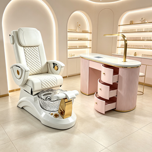 Table à ongles rose cannelée avec lampe LED, 3 tiroirs de rangement, bureau de manucure, poste de travail de luxe pour salon de beauté et spa - Product Image 1