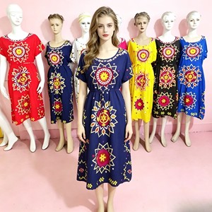 2.75 Dollar SJ014 Hot Selling European American Women <strong>Boho</strong> Geometric Floral Print Maxi <strong>Dress</strong> Loose Short Sleeve <strong>Long</strong> <strong>Dress</strong> - Product Image 1