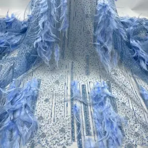 2021 new design beautiful blue luxury hand made beaded women sheer feather african lace wedding