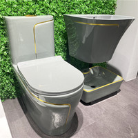 Inodoro de Cerámica Moderno con Líneas Doradas, Lavabo Integrado, Juego de Sanitarios de Cerámica para Baño